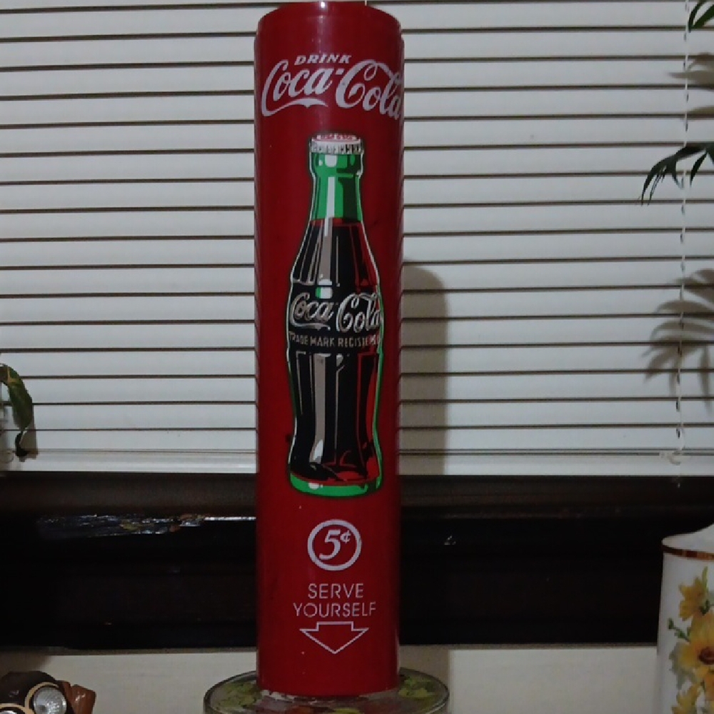 Vtg Collectors Coca Cola Red Hanging Self Serve Cup Canister with Bottle Graphic